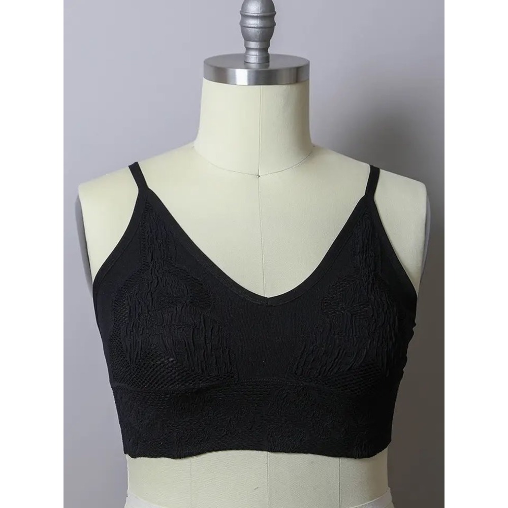 Black Textured Seamless V-Neck Bralette Adjustable Straps XL/2XL‎ RN 134313 leto